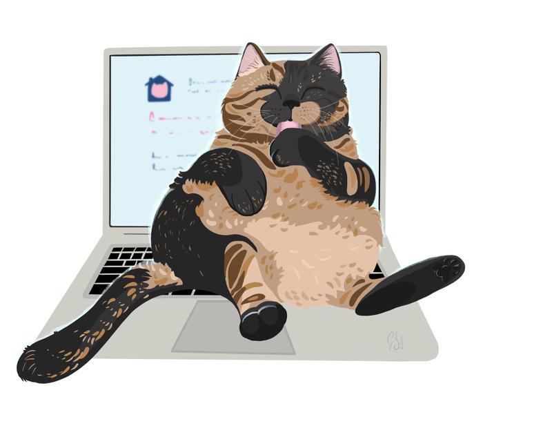 Ilustración de un gato en un ordenador esperando la consulta veterinaria online